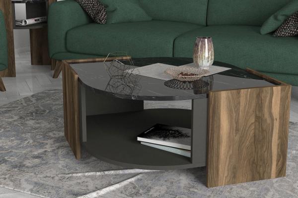 Elegantný konferenčný stolík MARBEL 75 cm, MDF, orechová dýha, šedý, čierny