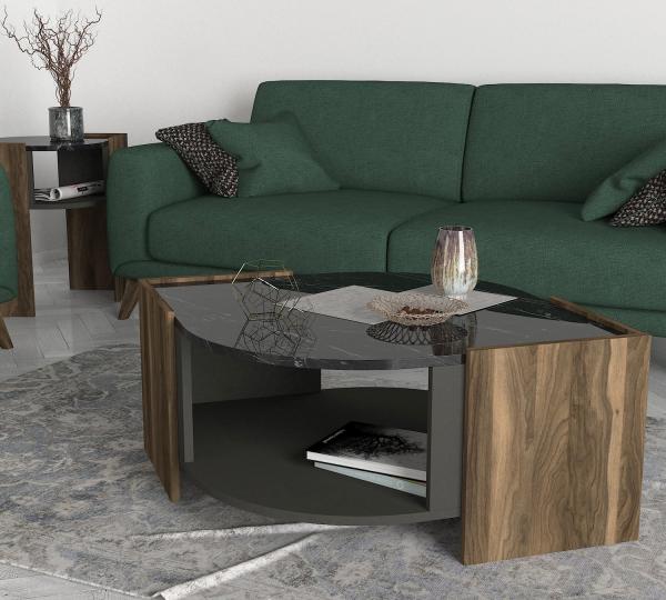 Elegantný konferenčný stolík MARBEL 75 cm, MDF, orechová dýha, šedý, čierny