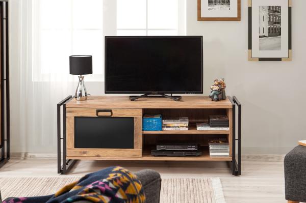 Priemyselný TV stolík ARCAS 130 cm, MDF, borovicová dýha, čierny