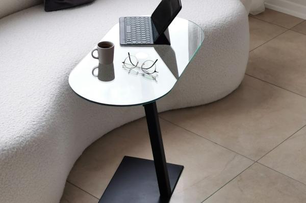Bočný stolík OVALE 70 cm, sklo, kov, čierny