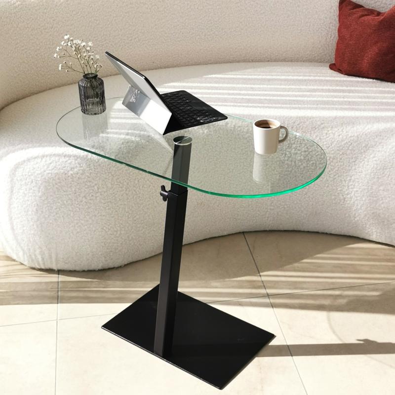Bočný stolík OVALE 70 cm, sklo, kov, čierny