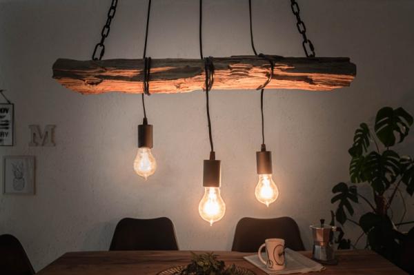 Industriálna závesná lampa BARRACUDA 73 cm z recyklovaného masívneho dreva s 3ma svetlami