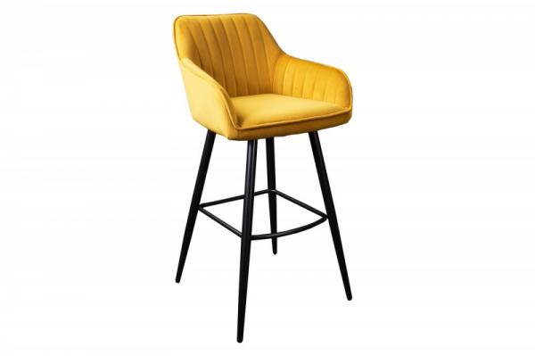 Barová stolička TURIN vintage horčicovo žltá zamatová s dekoratívnou prešívkou