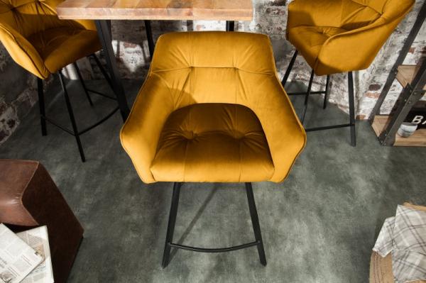 Retro barová stolička LOFT 100 cm zamatová horčicovo žltá s lakťovou opierkou