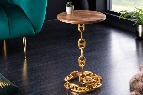 Dizajnový príručný stolík CHAINS 40 cm, zlatý, prírodný, mango