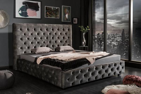 Elegantná manželská posteľ PARIS 160x200 cm šedá olivová zamat v prevedení Chesterfield