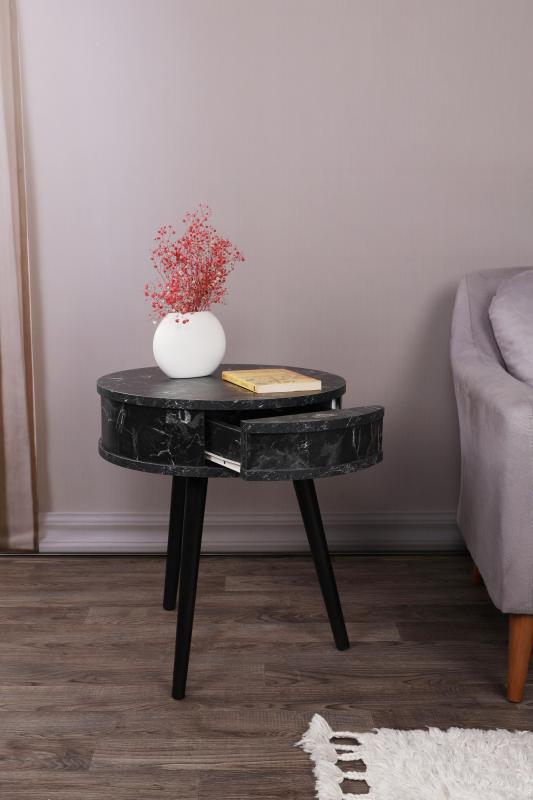 Dizajnový bočný stolík YUVARLAK 59 cm, MDF, mramorový vzhľad, čierny