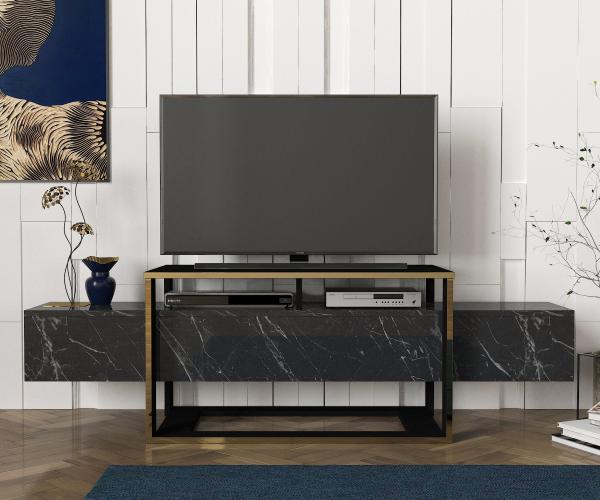 Elegantný TV stolík VEYRON 160 cm, MDF, tmavošedý, mramorový vzhľad