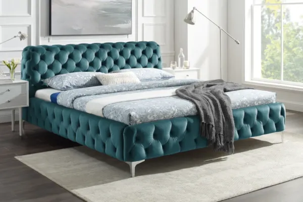 Elegantná manželská posteľ MODERN BAROQUE 180x200 cm, pacific blue, zamat