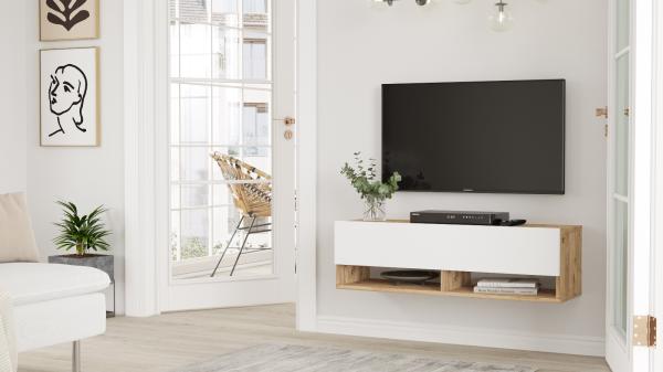Moderný TV stolík FRAA 100 cm, MDF, biely, prírodný