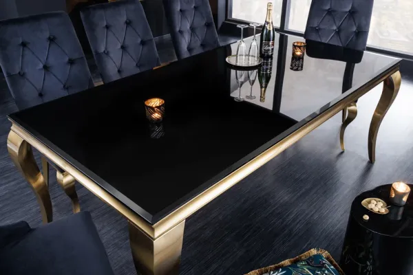 Elegantný dizajnový jedálenský stôl MODERN BAROQUE 180 cm čierny, zlatý, opálové sklo