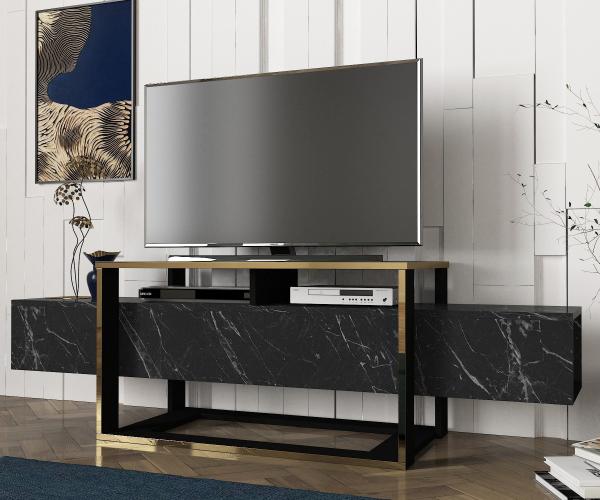Elegantný TV stolík VEYRON 160 cm, MDF, tmavošedý, mramorový vzhľad