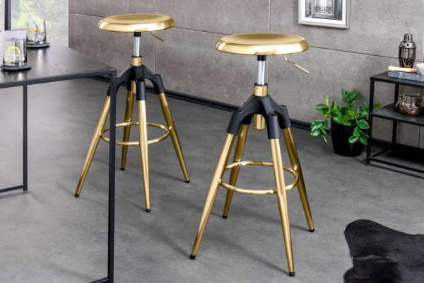 Dizajnová výškovo nastaviteľná otočná barová stolička INDUSTRIAL, zlatá, čierna, kov
