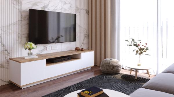 Moderný TV stolík FRAA IV 180 cm, MDF, prírodný, biely