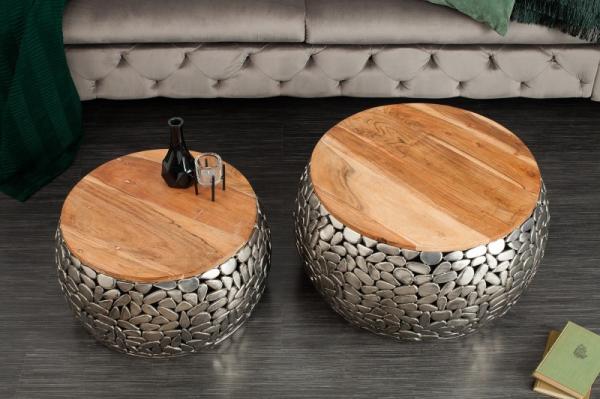 Extravagantný konferenčný stolík STONE MOSAIC sada 2 kusov, 66 cm, strieborný, mango