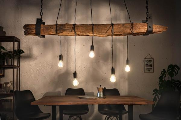 Industriálna závesná lampa BARRACUDA 152 cm z recyklovaného masívneho dreva s 5mi svetlami