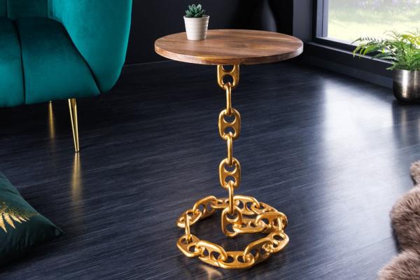 Dizajnový príručný stolík CHAINS 40 cm, zlatý, prírodný, mango
