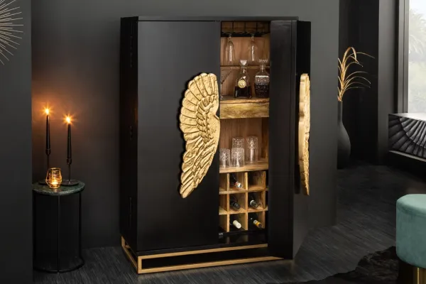 Extravagantná barová skriňa ANGEL 140 cm čierne mangové drevo so zlatými krídlami