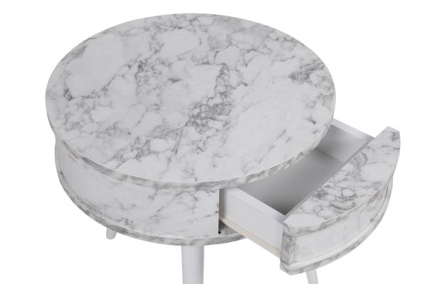 Dizajnový bočný stolík YUVARLAK 59 cm, MDF, mramorový vzhľad, biely