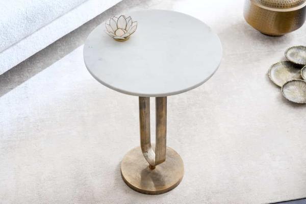 Okrúhly príručný stolík ELEGANCE 60 cm, zlatý, mramorovo biely
