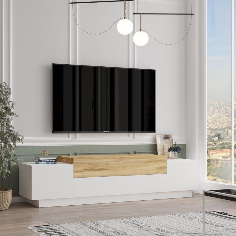 Moderný TV stolík FLOYD 160 cm, MDF, biely, prírodný