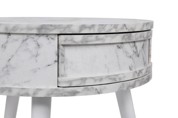 Dizajnový bočný stolík YUVARLAK 59 cm, MDF, mramorový vzhľad, biely