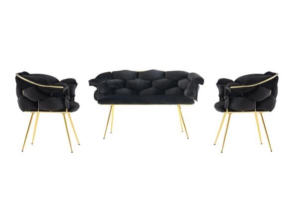 Dizajnová sada lavica + dve stoličky BALON, čierna, zamat, zlatá