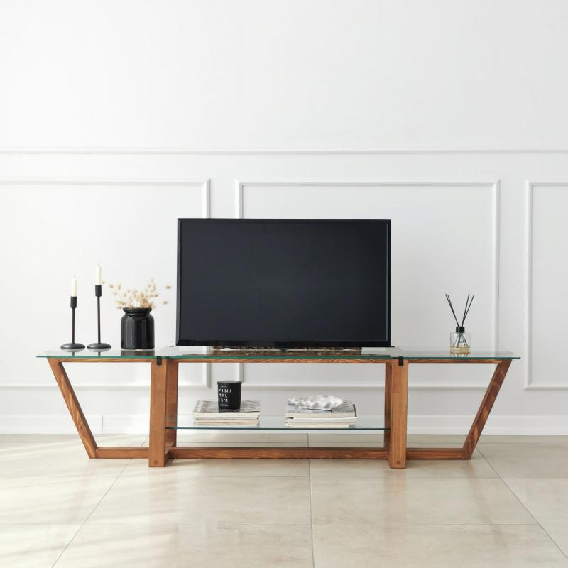 Dizajnový TV stolík AMALFI 158 cm, tvrdené sklo, orech, prírodný