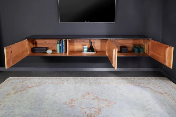 Dizajnový TV stolík MOUNTAIN SOUL 200 cm, mramorová kamenná dýha, akácia