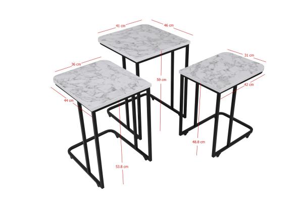 Sada troch konferenčných stolíkov ZIGON 59 cm, MDF, mramorová biela, čierna