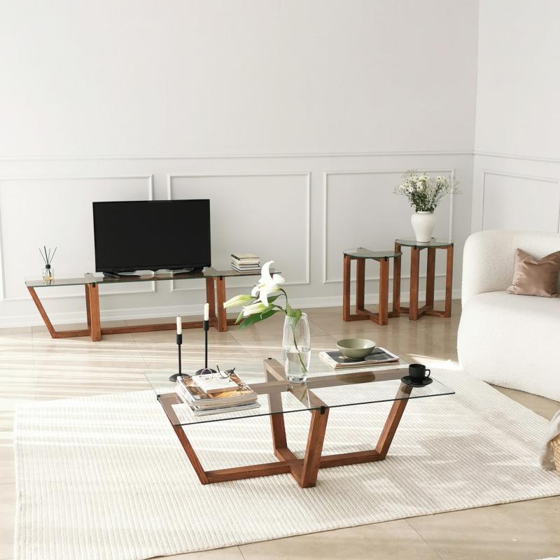 Dizajnový TV stolík AMALFI 158 cm, tvrdené sklo, orech, prírodný