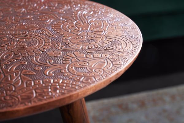 Dizajnový príručný stolík ALCAZAR 50 cm, starožitný medený, kov, akácia