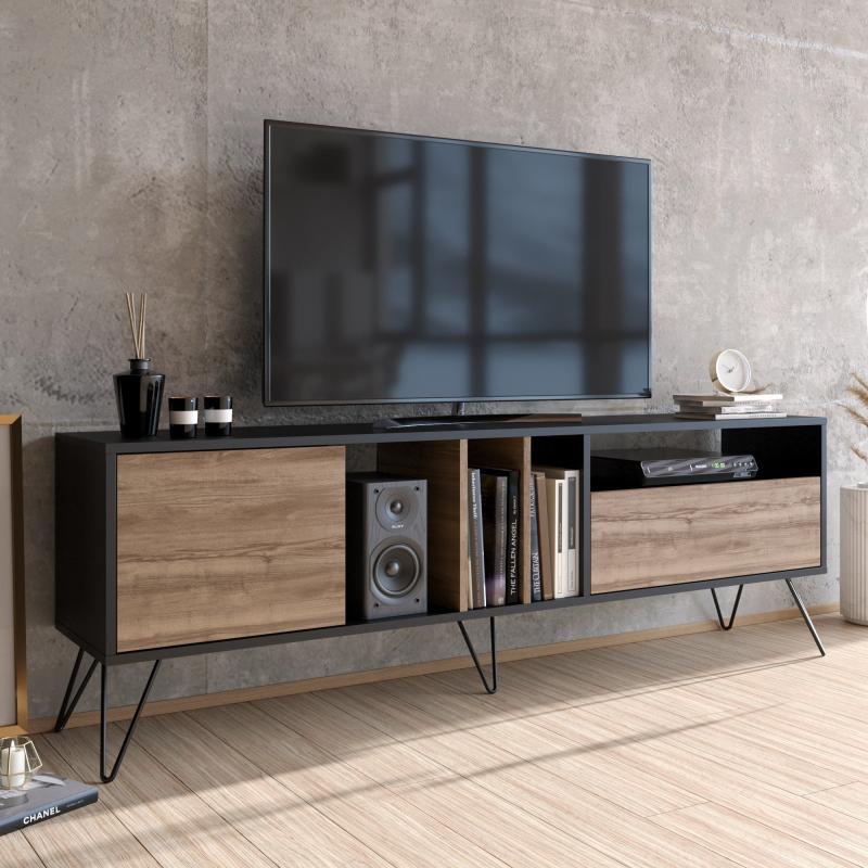 Elegantný TV stolík MISTICO 180 cm, MDF, orechová dýha, čierny