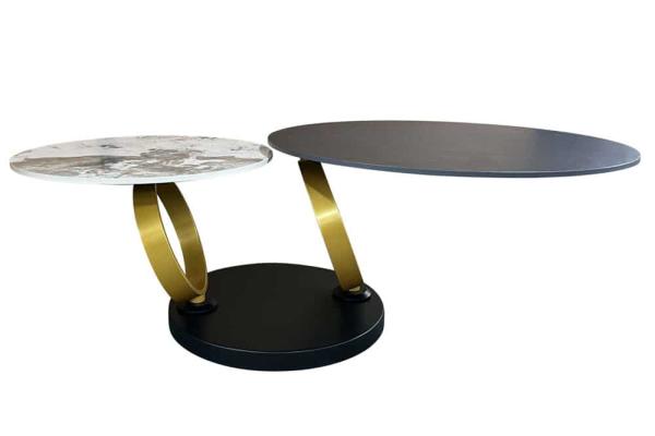 Otočný konferenčný stolík DANCING RINGS, keramický prírodný, čierny, zlatý