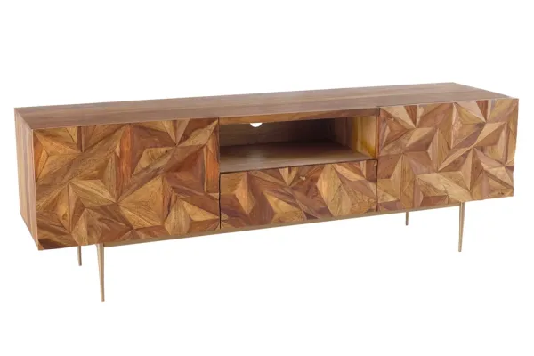 Masívny TV stolík ALPINE 160 cm, sheesham, stone povrchová úprava, kovová, matná, zlatá