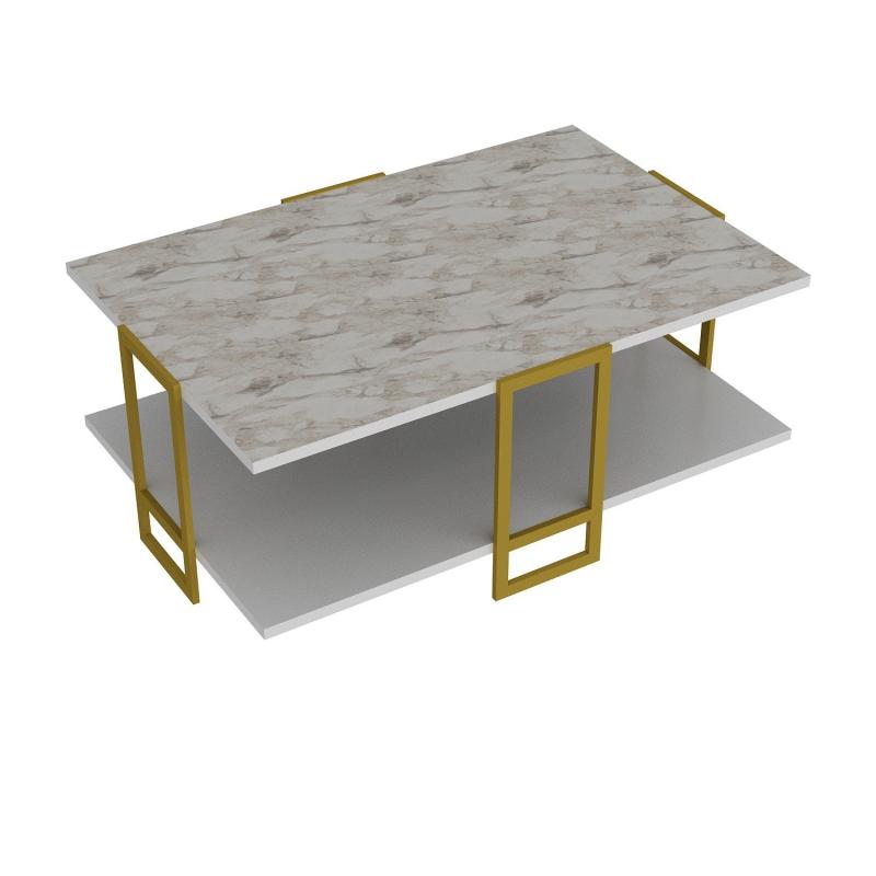 Elegantný konferenčný stolík POLKA 92 cm, biely, zlatý, mramorový vzhľad