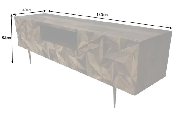 Masívny TV stolík ALPINE 160 cm, sheesham, stone povrchová úprava, kovová, matná, zlatá