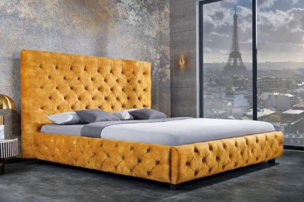 Elegantná manželská posteľ PARIS 160x200 cm horčicovo žltý zamat v prevedení Chesterfield