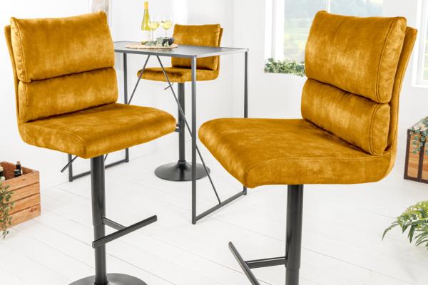Elegantná výškovo nastaviteľná barová stolička COMFORT, horčicovo žltá, zamat