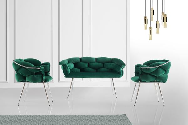 Dizajnová sada lavica + dve stoličky BALON, smaragdovo zelená, zamat, zlatá