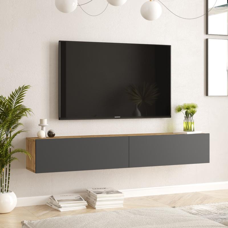 Moderný TV stolík FRAA V 180 cm, MDF, prírodný, šedý