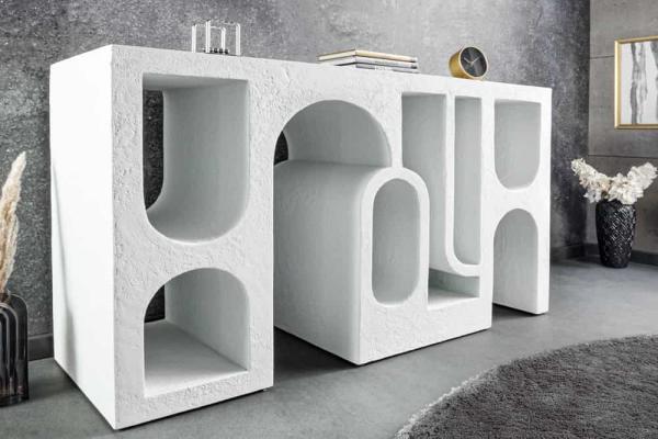 Abstraktný konzolový stolík ART AMBIENTE 120 cm biely vzhľad s patinou betónového dizajnu