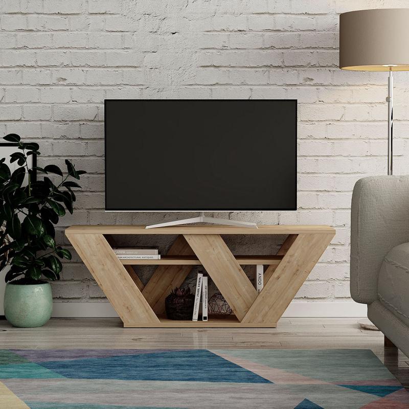 Industriálny TV stolík PIPRALLA 110 cm, MDF, dubová dýha