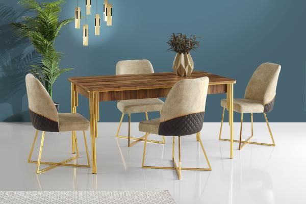 Dizajnový jedálenský stôl rozkladací DAMLA 150-180 cm, prírodný, zlatý