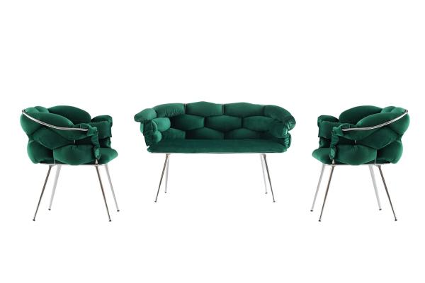 Dizajnová sada lavica + dve stoličky BALON, smaragdovo zelená, zamat, zlatá