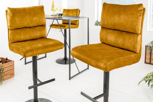 Elegantná výškovo nastaviteľná barová stolička COMFORT, horčicovo žltá, zamat