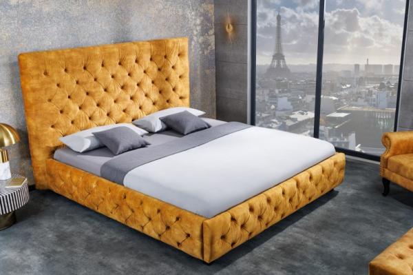 Elegantná manželská posteľ PARIS 160x200 cm horčicovo žltý zamat v prevedení Chesterfield
