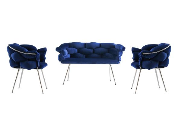 Dizajnová sada lavica + dve stoličky BALON, kráľovská modrá, zamat, strieborná