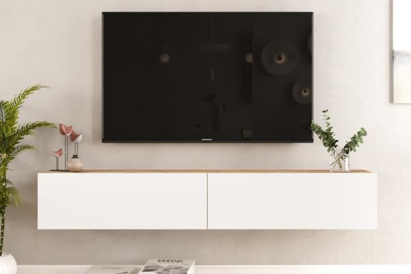 Moderný TV stolík FRAA V 180 cm, MDF, prírodný, biely