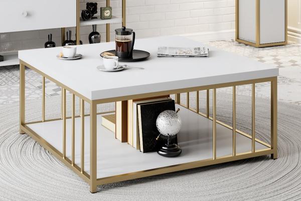 Elegantný konferenčný stolík ZENN 90 cm, MDF, biely, zlatý